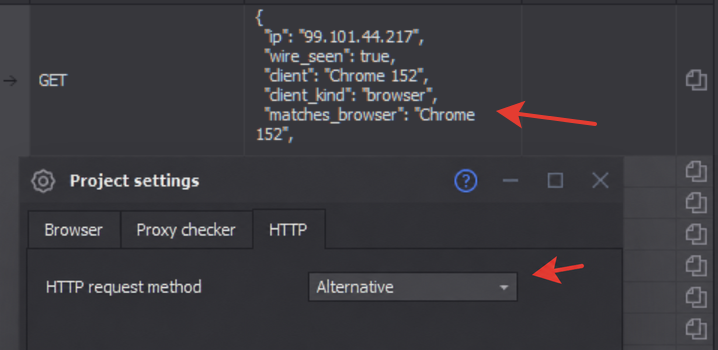 Alternative HTTP client through BlankTrail: the test identifies Chrome 152 and browser.
