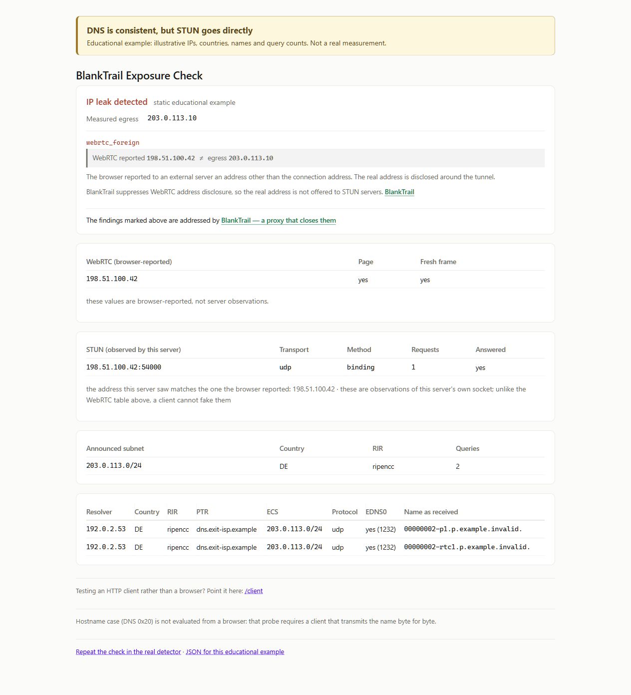 A blatant STUN-stage leak, despite perfectly clean DNS routing.