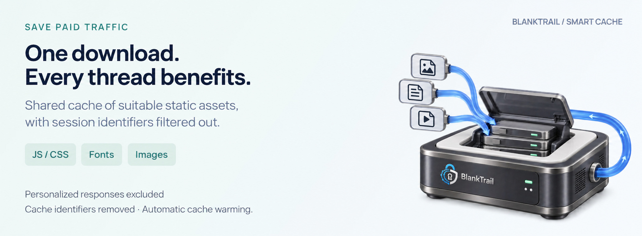 Smart Cache: one download of static assets for multiple threads, with session identifiers filtered out.