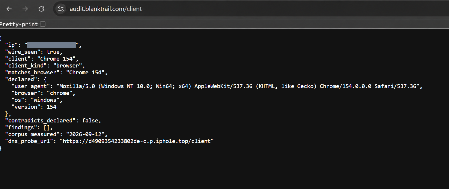 Real Chrome 154: the network client matches the declared browser, and findings is empty.