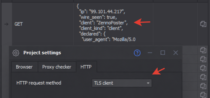 ZennoPoster’s TLS client: the test still returns ZennoPoster as the client.