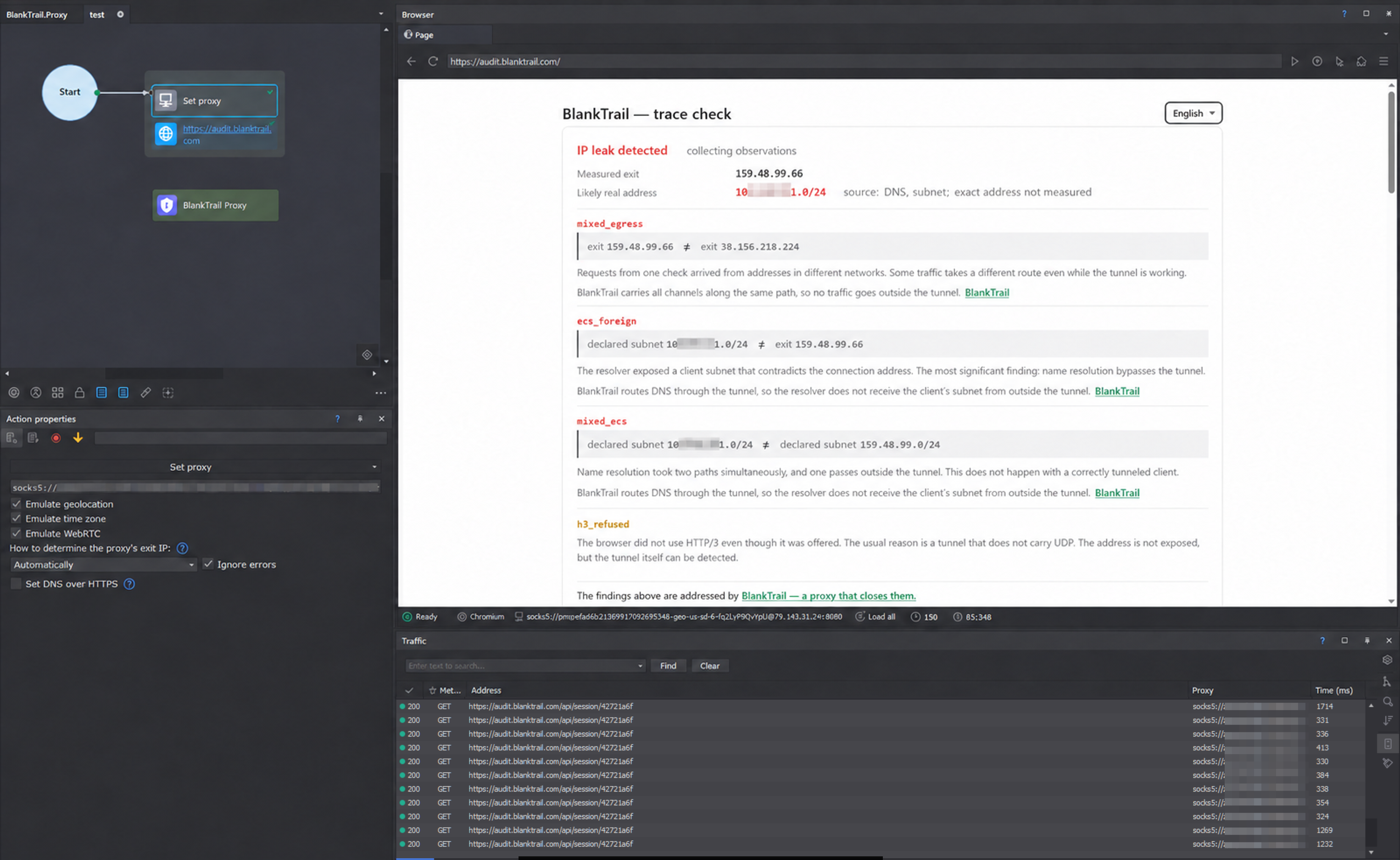 ZennoPoster with a SOCKS5 proxy: ecs_foreign, mixed_ecs, and mixed_egress are detected.