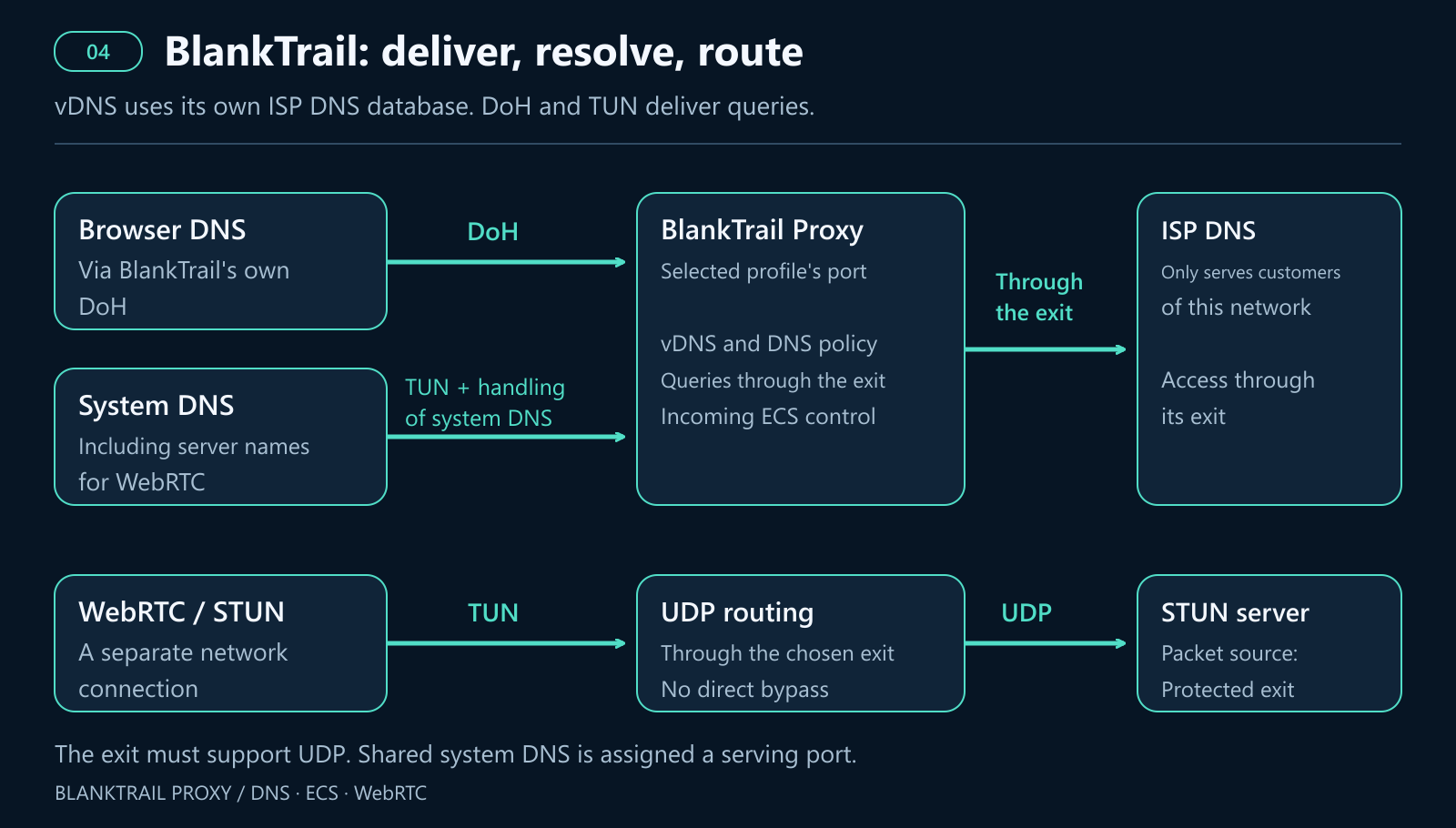 vDNS, DoH, and TUN all working in harmony. This setup utilizes an authentic ISP subscriber DNS pulled directly from BlankTrail's proprietary database. Note: the proxy exit must support UDP, and the shared system DNS must be assigned a serving port.