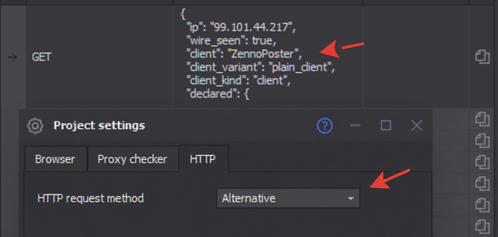 ZennoPoster’s alternative HTTP client: the test identifies ZennoPoster and the plain_client variant.
