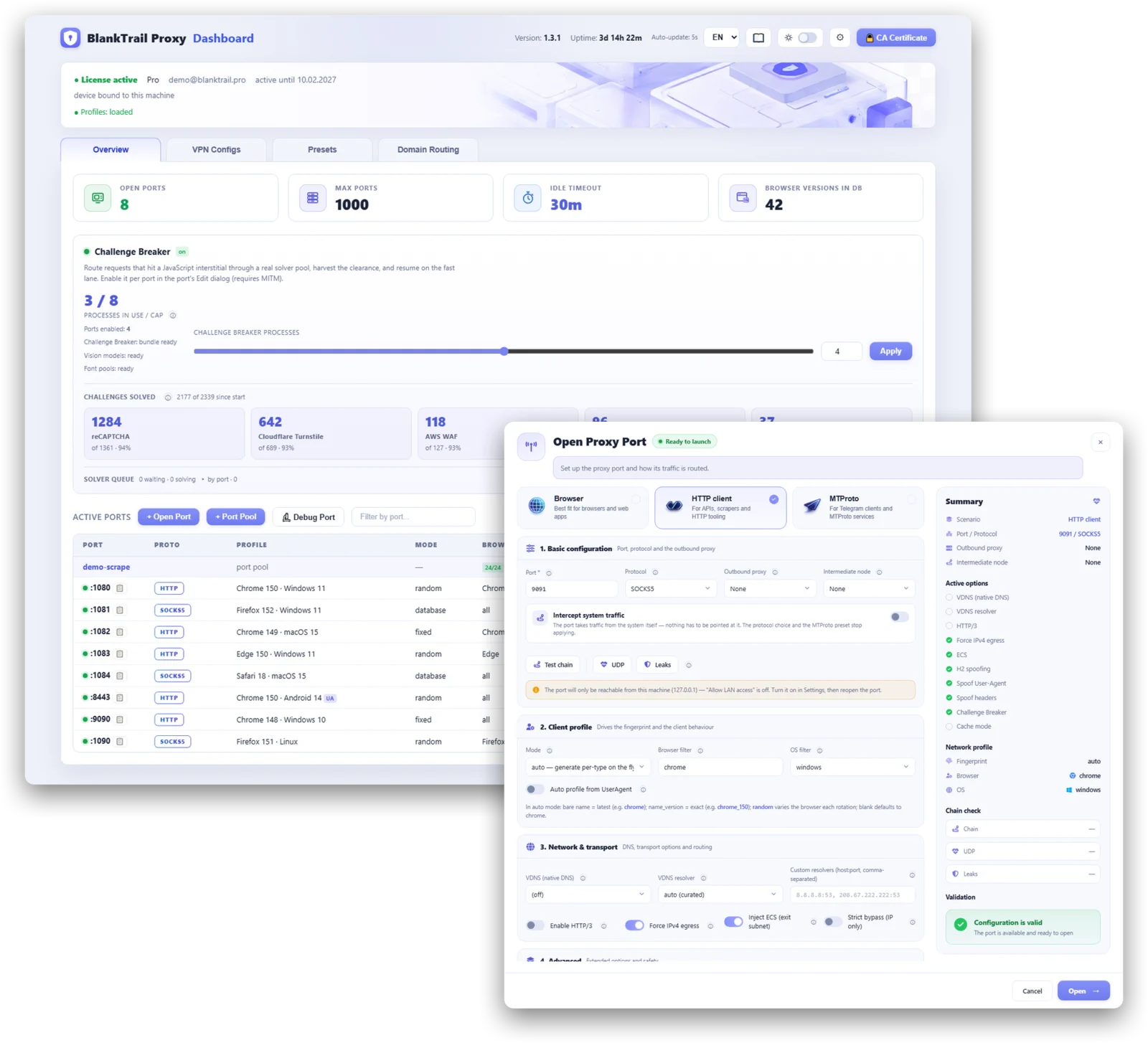 BlankTrail Proxy dashboard: active ports, routes, browser profiles and connection parameters.