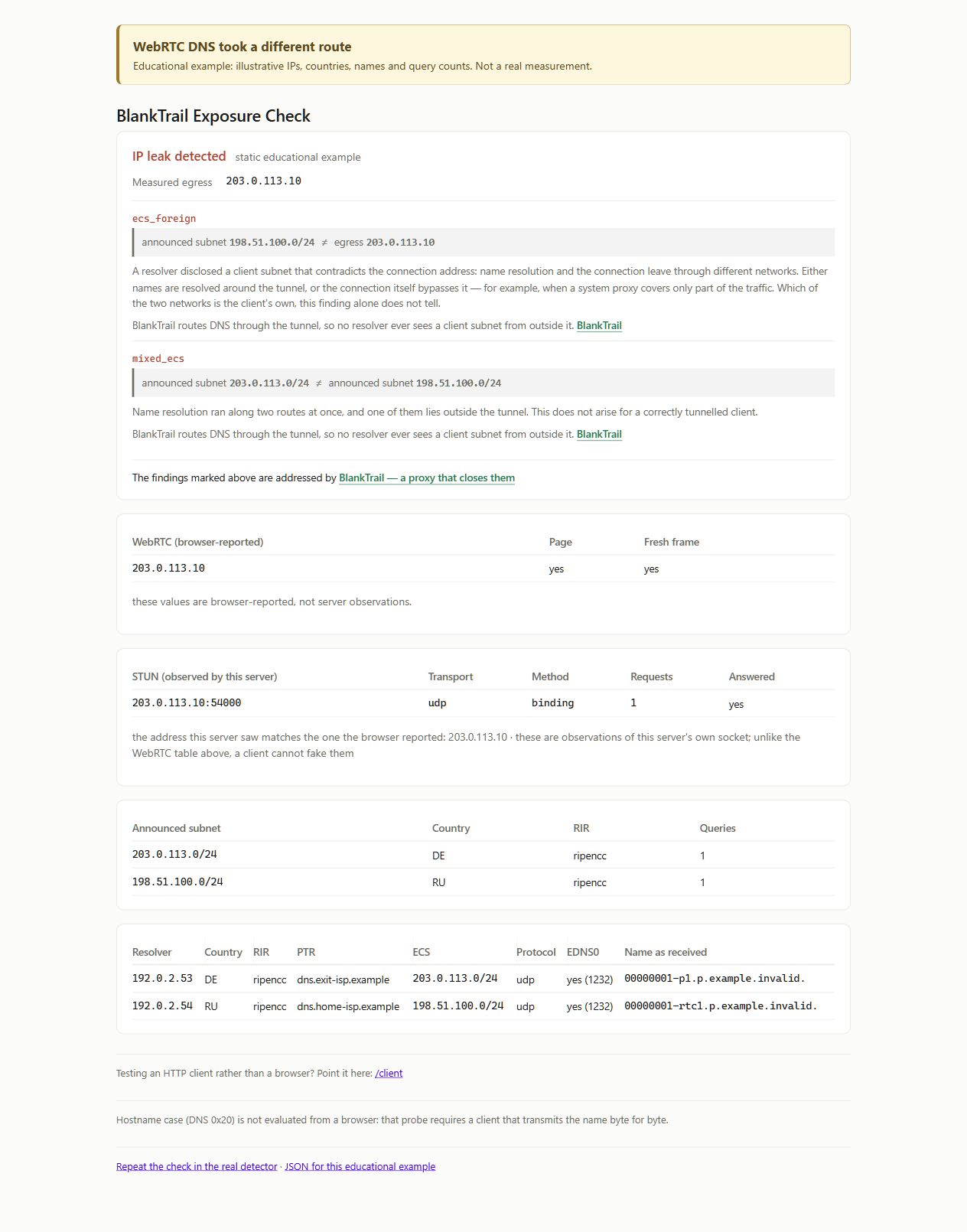 A mockup of the audit dashboard. Here, the WebRTC DNS query leaks a foreign subnet, even though the actual STUN payload successfully routed through the proxy exit. (Data is illustrative).