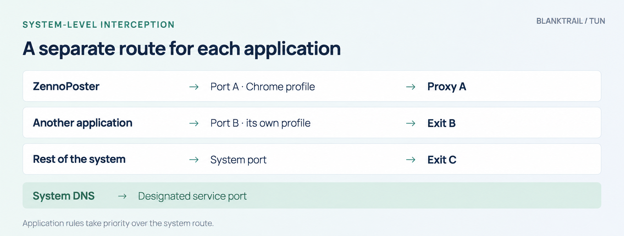 TUN: individual applications use different ports and exits; system DNS is routed to the designated port.