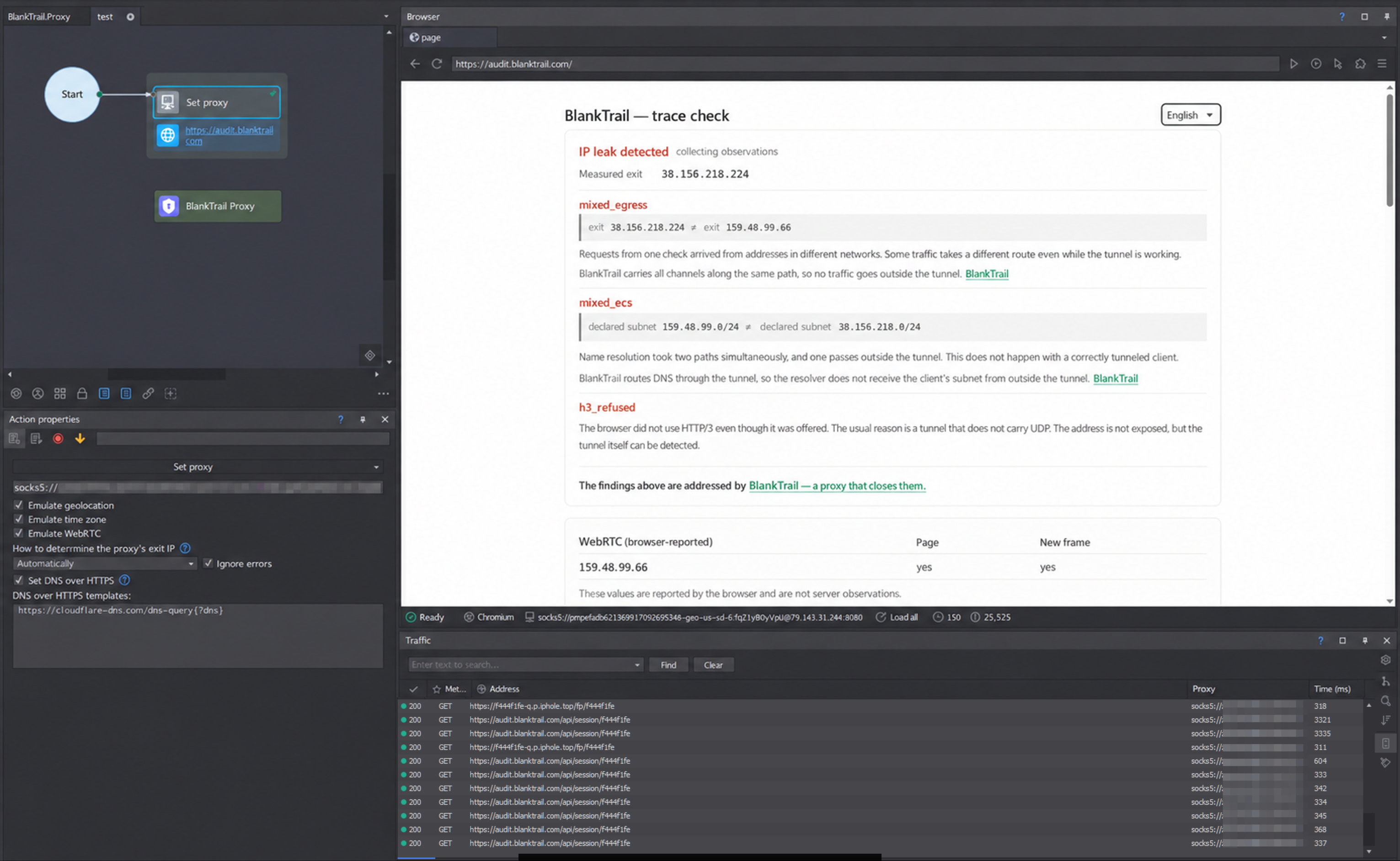 ZennoPoster with public Cloudflare DoH: different exits and different ECS values remain.
